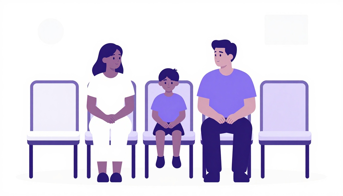 Família com um adolescente sentados em uma sala de espera de consulado, aguardando a entrevista de visto
