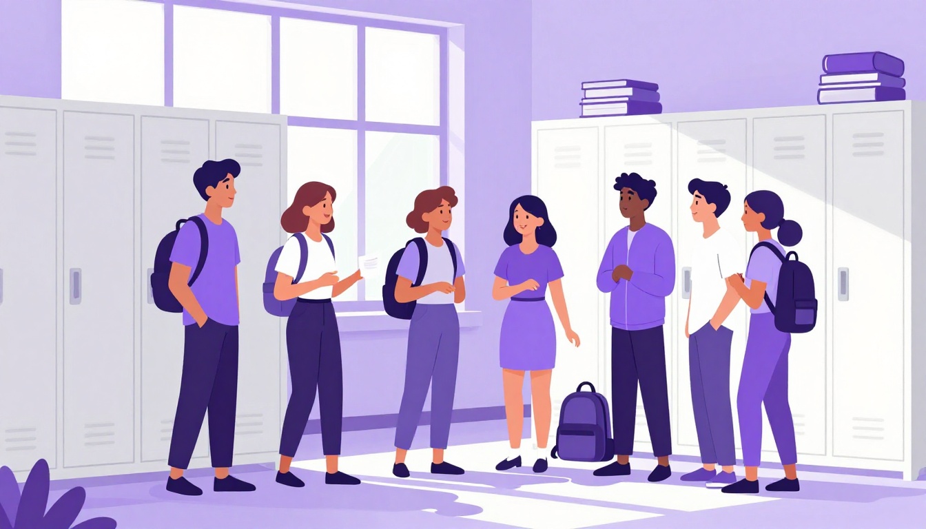 Grupo diverso de adolescentes conversando em um corredor de escola americana, entre armários (lockers)