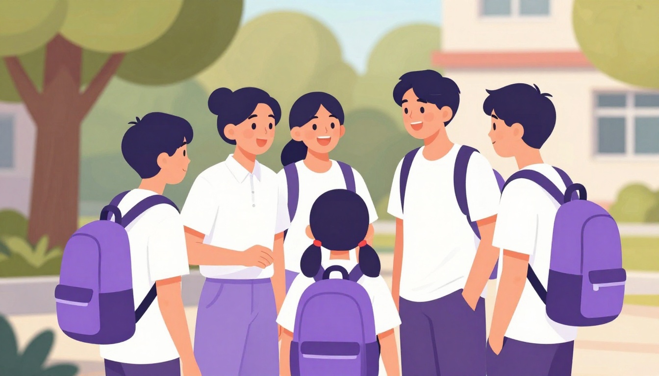 Adolescente conversando e rindo com um pequeno grupo de novos amigos americanos do lado de fora da escola