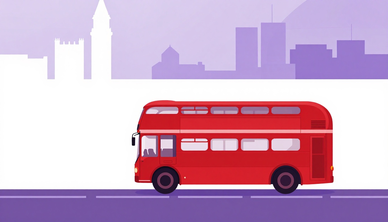Silhueta de ônibus de dois andares em uma rua típica de Londres ao entardecer