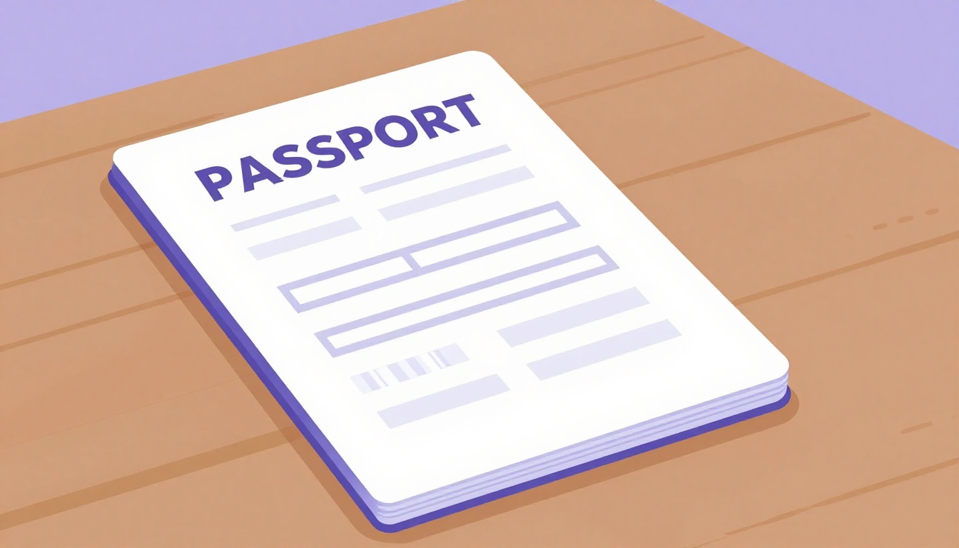 Passaporte brasileiro com carimbo de imigração e documentos de viagem sobre a mesa