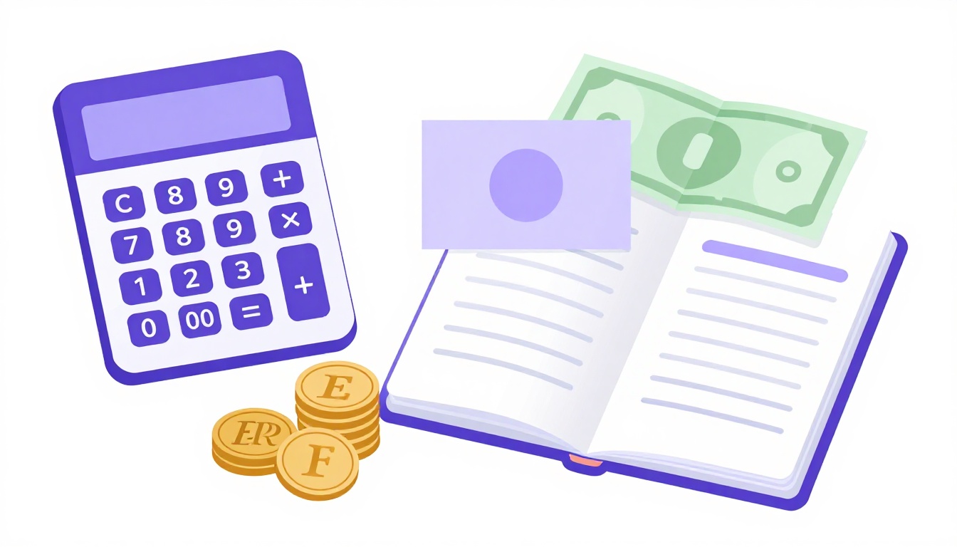 Calculadora, moedas de euro e notas sobre uma mesa representando o cálculo do orçamento do intercâmbio