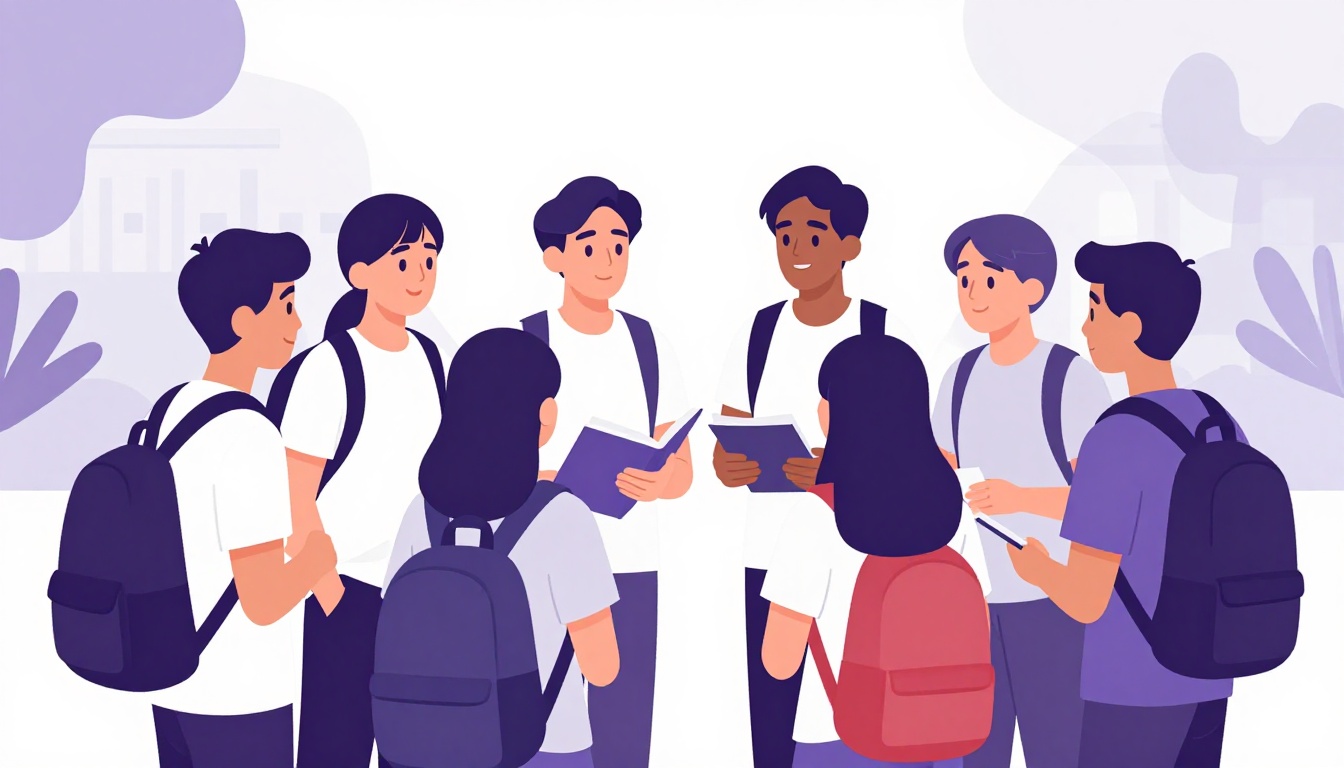 Grupo de estudantes internacionais conversando e sorrindo em um pátio de universidade