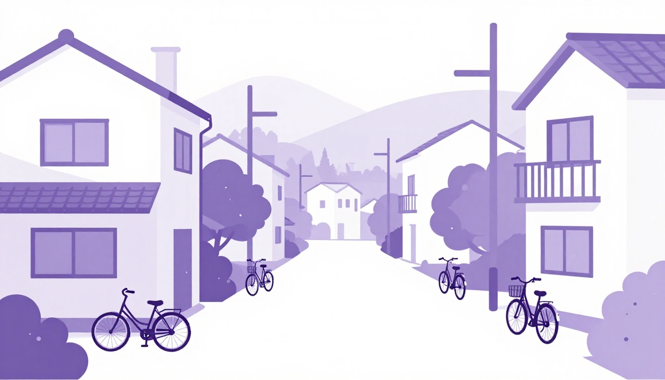 rua tranquila de uma cidade japonesa menor com bicicletas estacionadas em frente a pequenas lojas