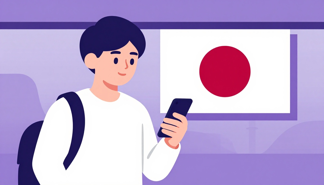 jovem viajante conferindo o celular com a bandeira do Japão ao fundo em um aeroporto
