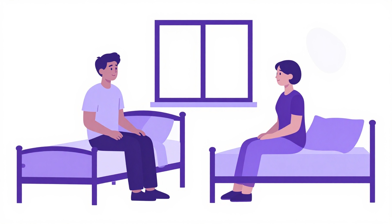 duas pessoas conversando em um quarto de alojamento estudantil com malas ao fundo
