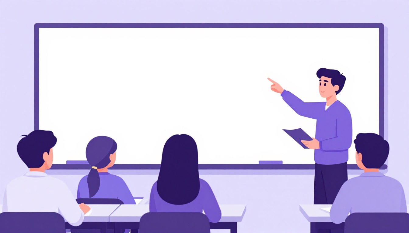 sala de aula com estudantes internacionais e um professor apontando para um quadro