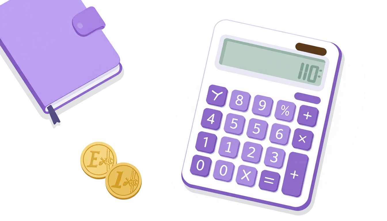 Calculadora, moedas de euro e caderno representando o orçamento do intercâmbio em Malta