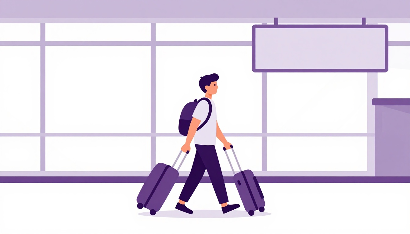 Jovem brasileiro com mochila passando pelo controle de passaporte em um aeroporto