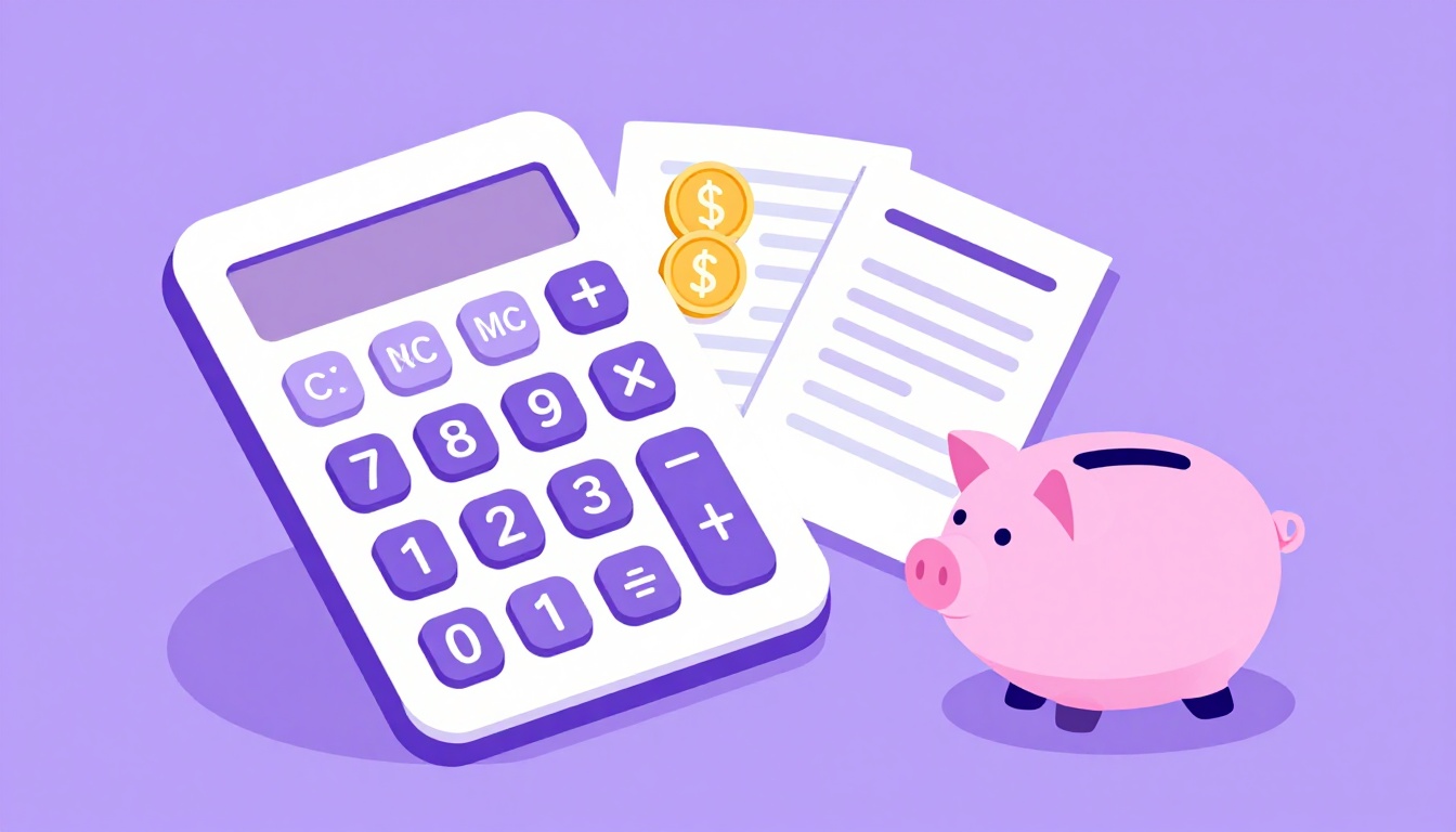 Calculadora, moedas de dólar e um cofrinho representando o planejamento financeiro do intercâmbio