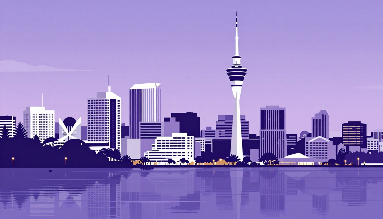 Skyline de Auckland ao entardecer com a torre da cidade refletida na água do porto