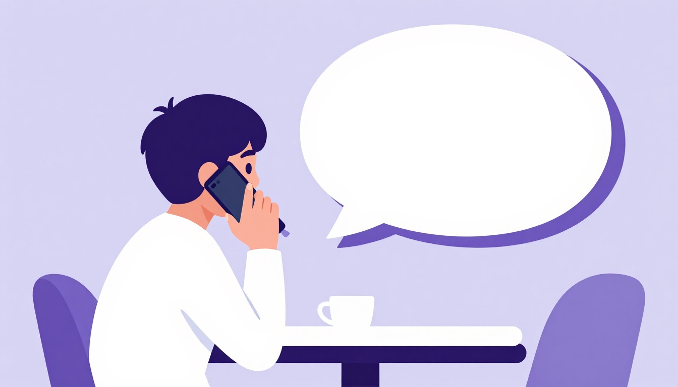 Pessoa sentada em um café praticando conversação em voz alta pelo celular, com um balão de fala vazio ao lado