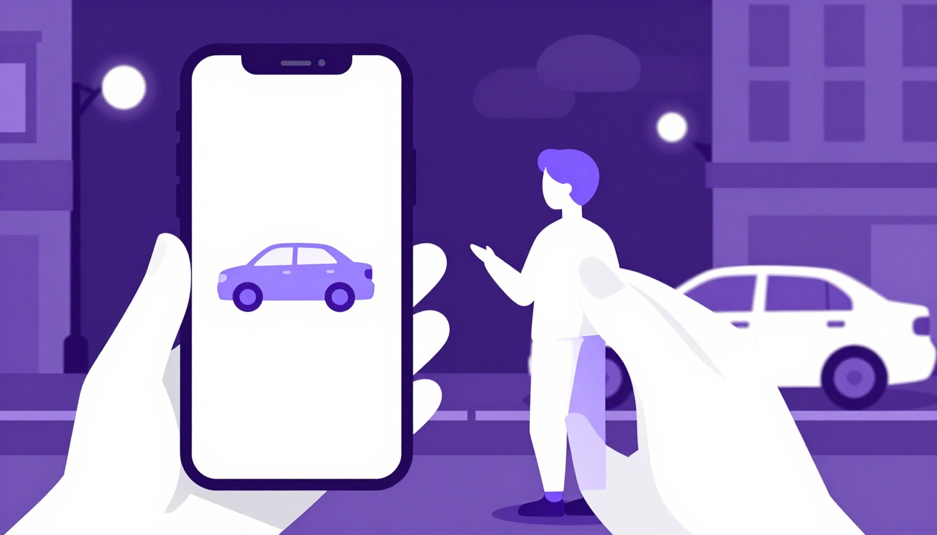 Uma pessoa usando um aplicativo de transporte no celular à noite, em uma rua bem iluminada e tranquila, esperando calmamente