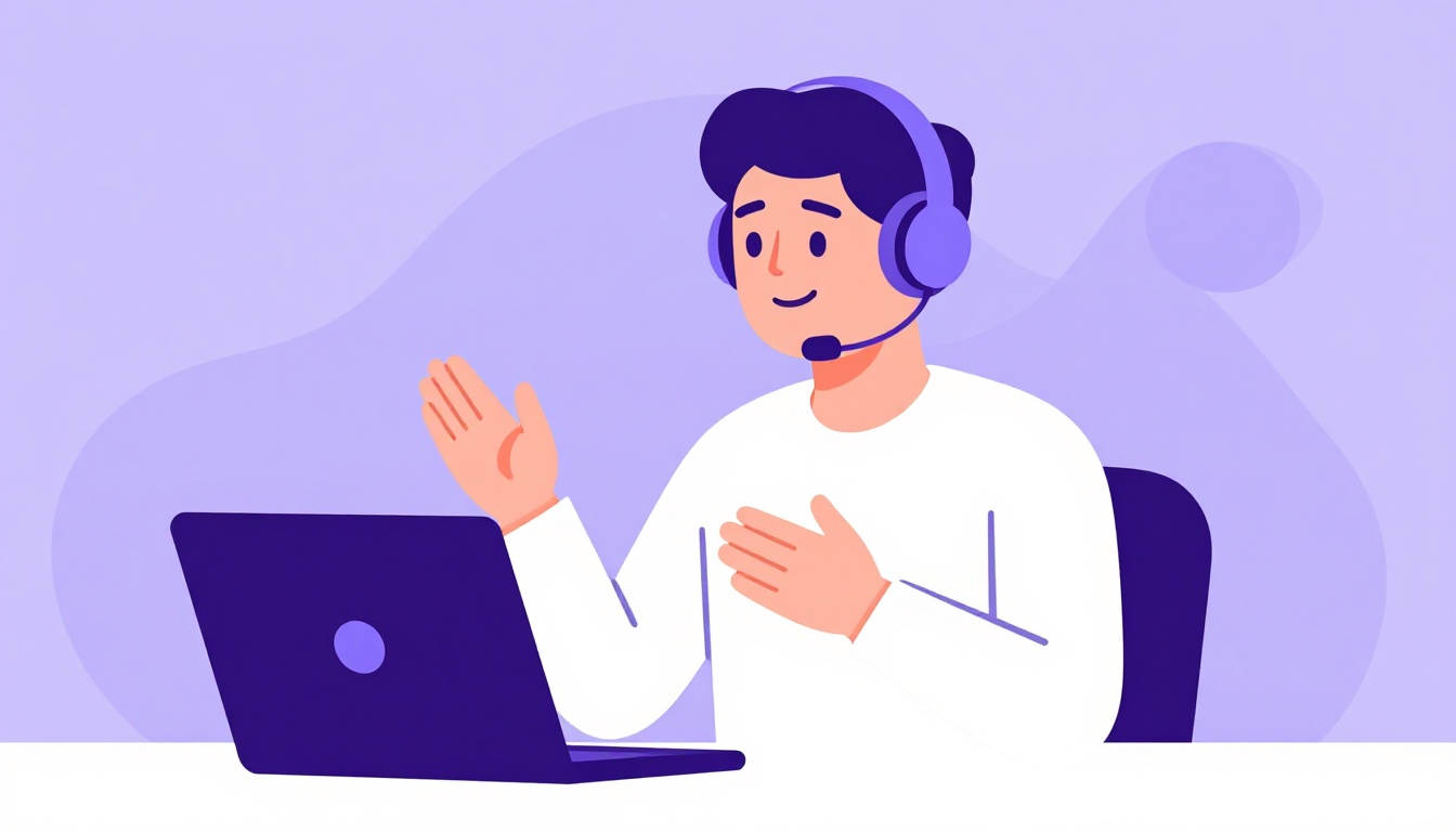 Uma pessoa sorridente usando fones de ouvido, praticando conversação em inglês em frente ao computador, gesticulando enquanto fala