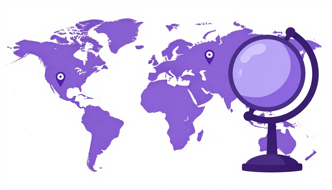 Mapa-múndi com marcadores sobre os principais destinos de língua inglesa para intercâmbio