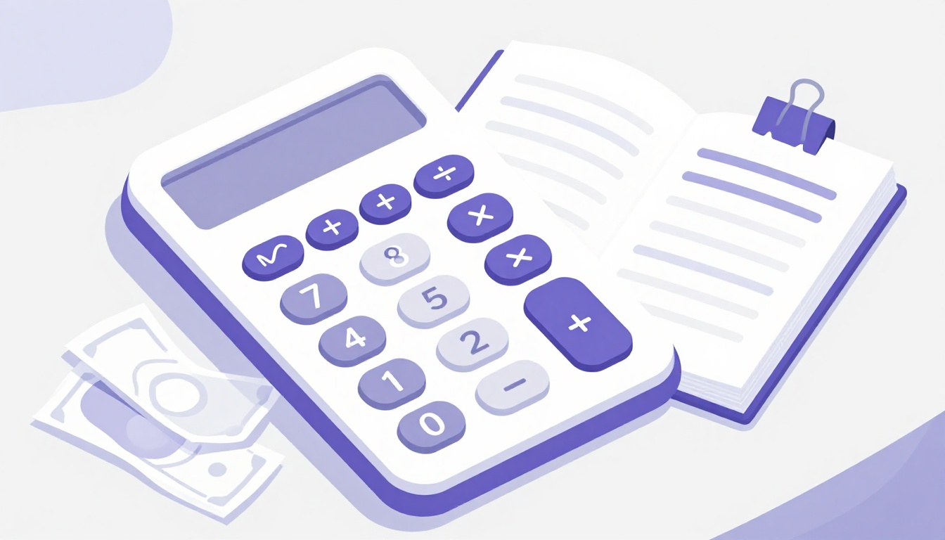 Calculadora, notas de dólar e caderno com planilha de gastos de intercâmbio sobre uma mesa
