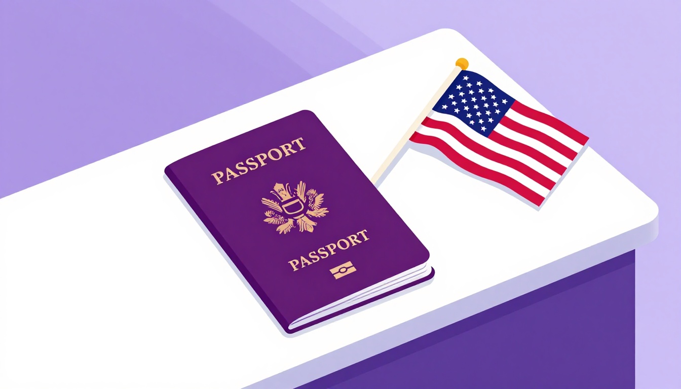 Guichê de consulado com passaporte, formulário de visto e bandeira dos Estados Unidos sobre o balcão