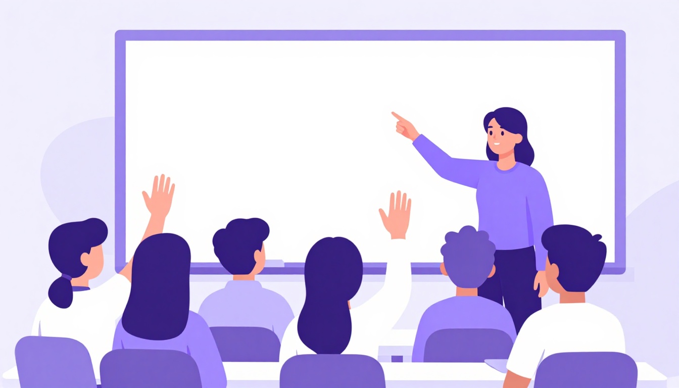 Sala de aula de curso de inglês no exterior com alunos de diferentes nacionalidades levantando a mão