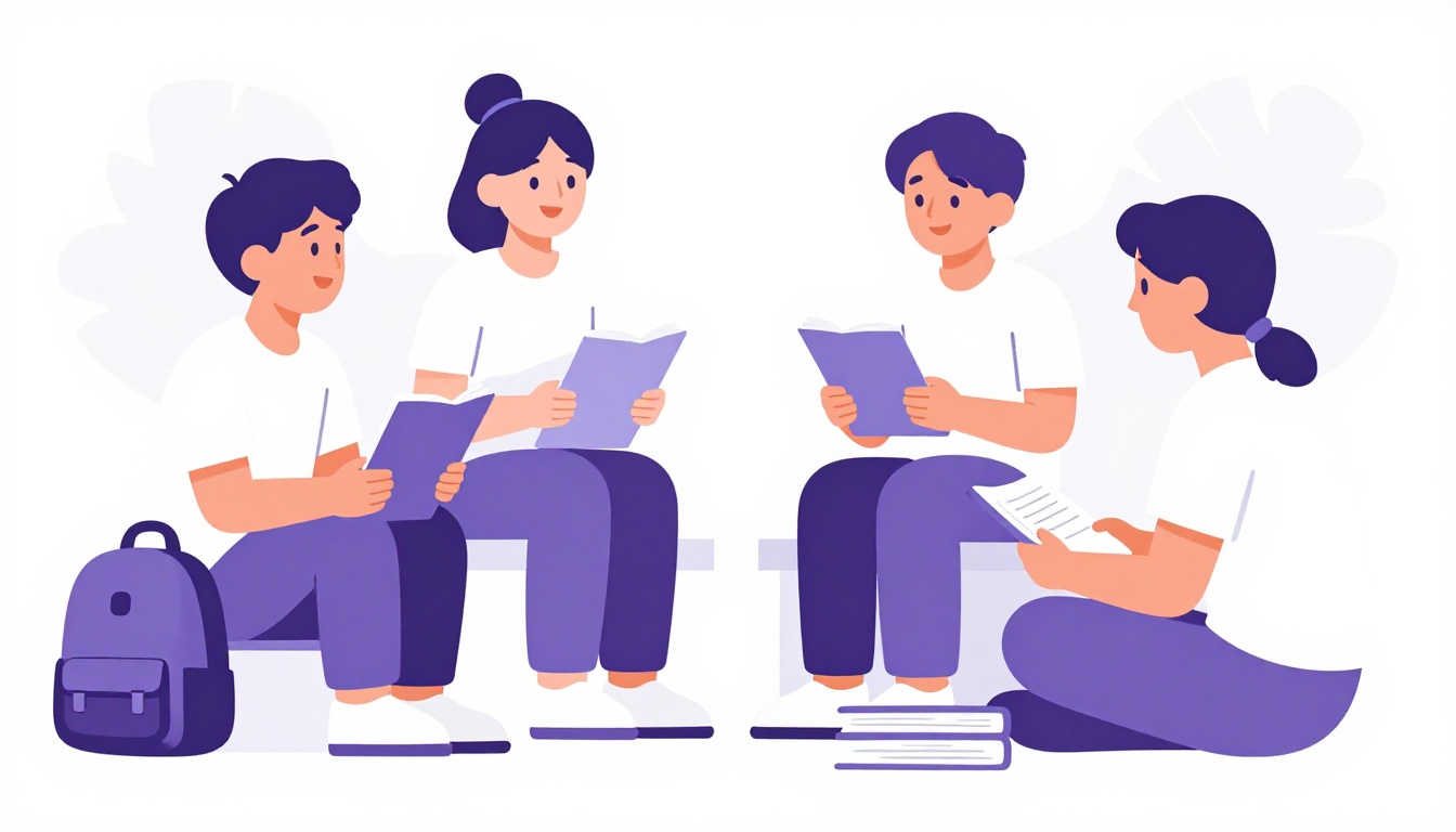 Jovem sorrindo enquanto conversa animadamente com colegas de escola de idiomas em um pátio ao ar livre