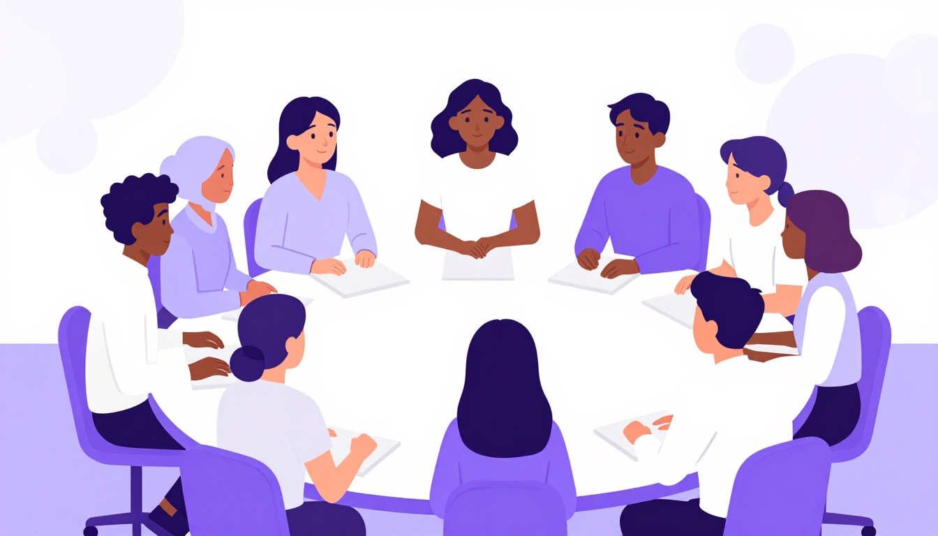 Sala de aula de curso de inglês com alunos internacionais conversando em grupo
