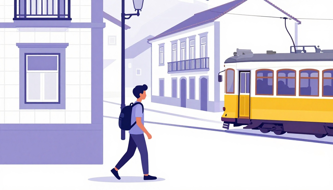 Estudante brasileiro caminhando com mochila por uma rua com azulejos e um bondinho amarelo, chegando a Portugal para o intercâmbio