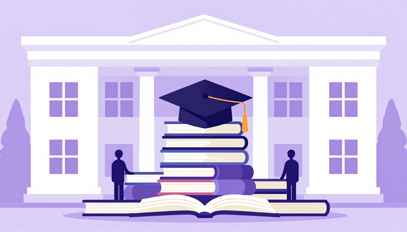 Fachada de prédio universitário com um capelo de formatura e livros abertos, representando os programas de mobilidade acadêmica
