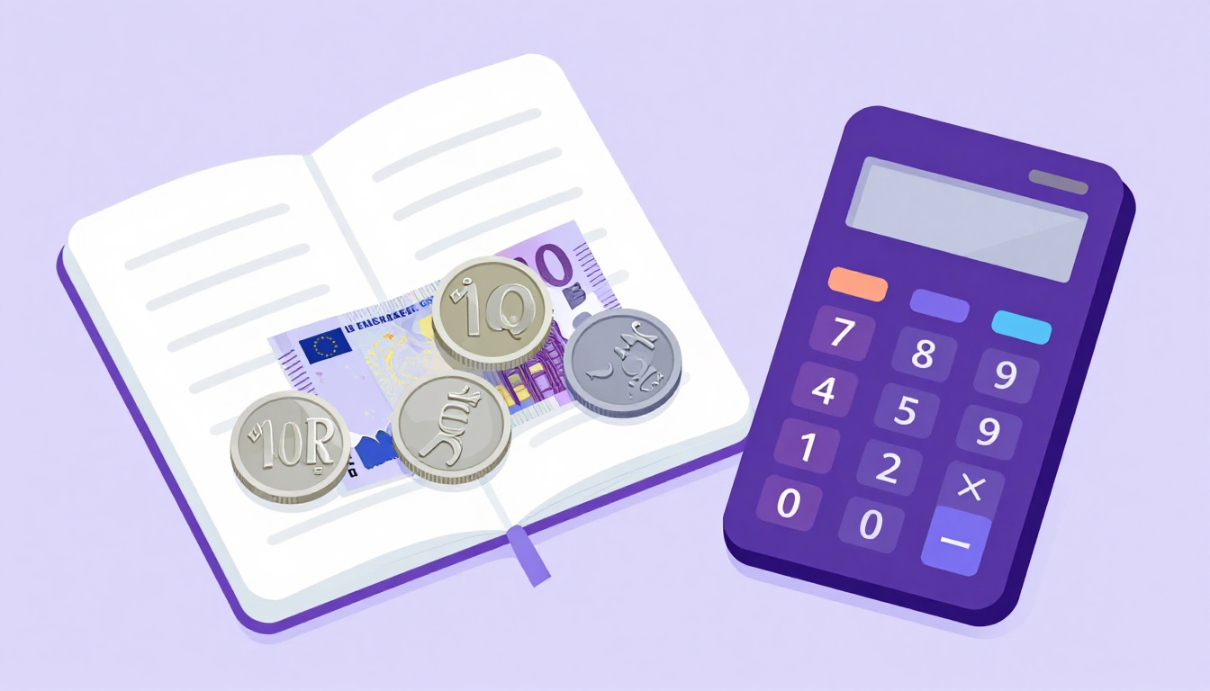 Moedas de euro e notas ao lado de uma calculadora e um caderno de anotações representando o orçamento do intercâmbio