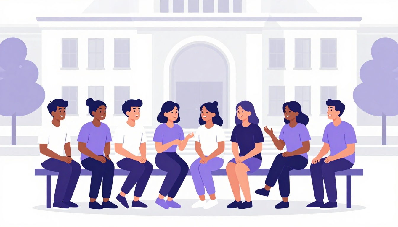 Grupo diverso de estudantes internacionais conversando e rindo ao ar livre em um banco do campus universitário