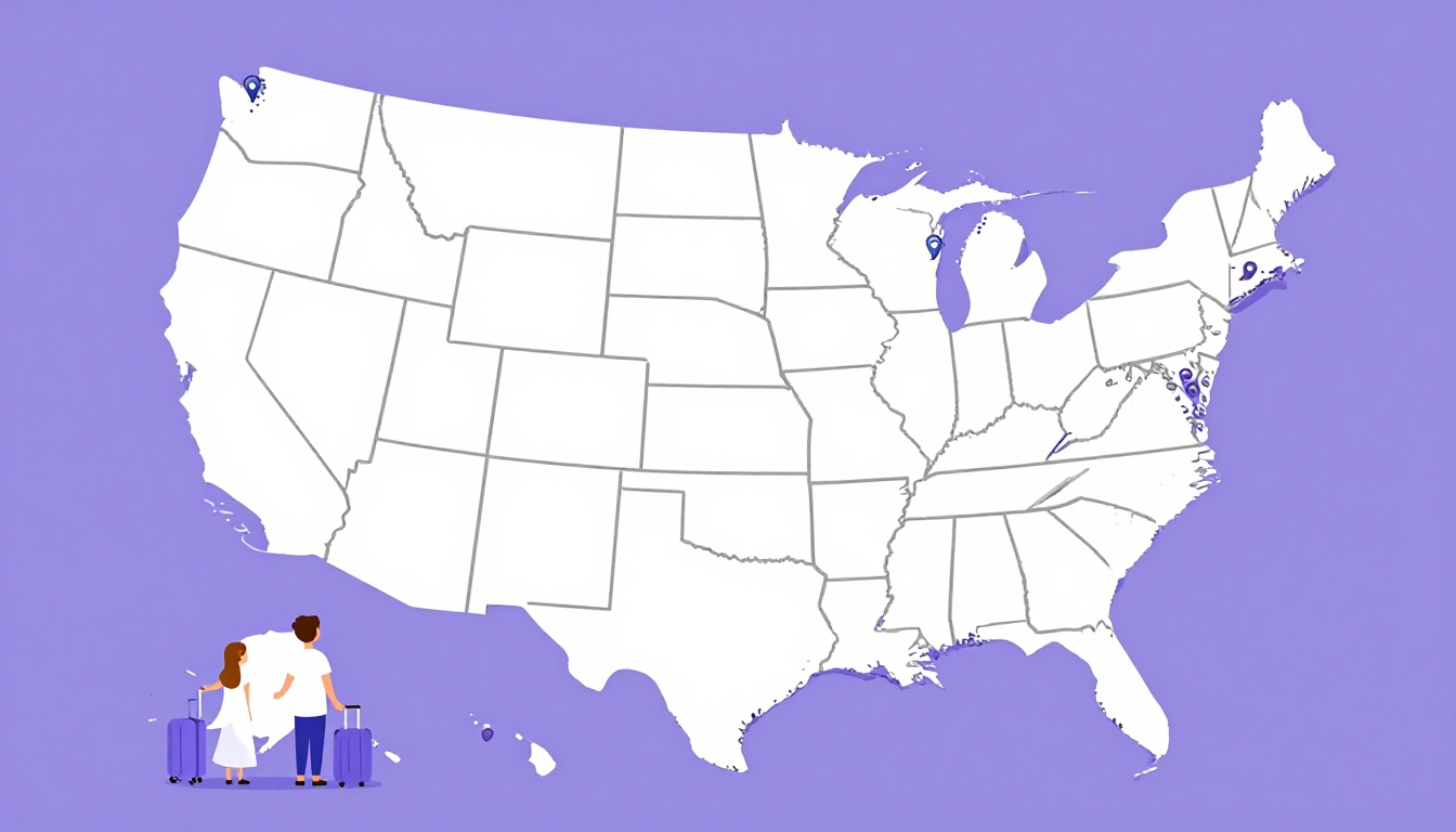 Mapa dos Estados Unidos com destaque para os estados com maior comunidade brasileira e uma família com malas planejando a mudança