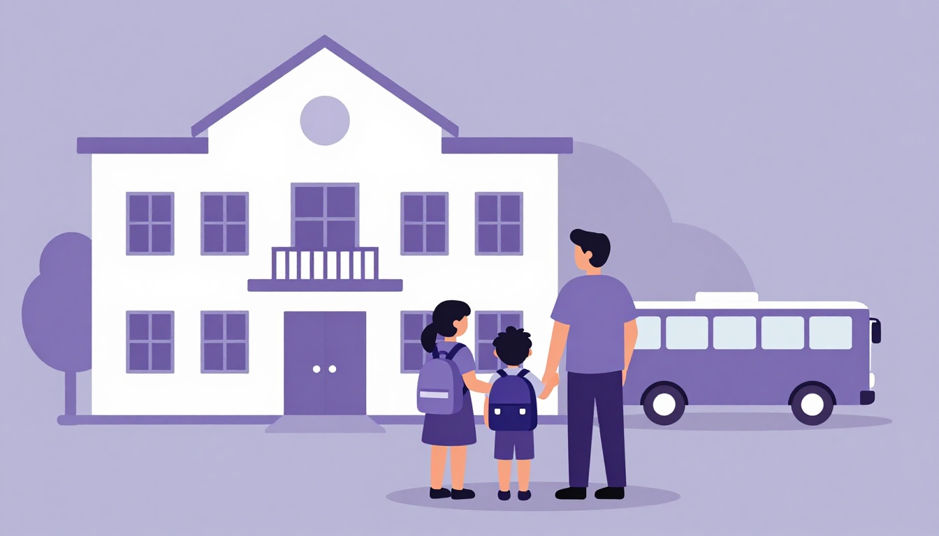 Família com filho em frente a uma escola americana e um ônibus escolar ao lado