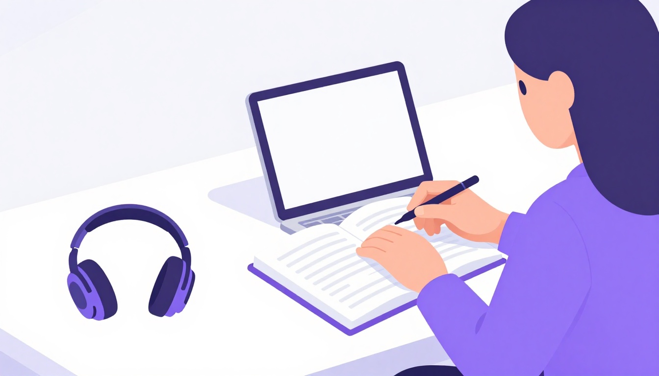 Pessoa estudando com fones de ouvido e caderno, planejando o próprio intercâmbio