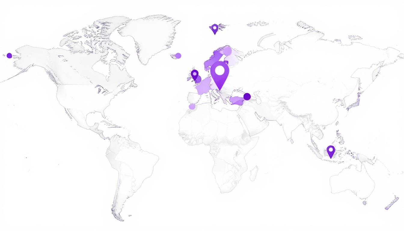 Mapa múndi com marcadores coloridos sobre os principais destinos de intercâmbio