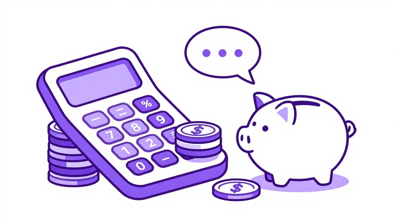 Calculadora, moedas e um pequeno cofre representando o planejamento financeiro do intercâmbio