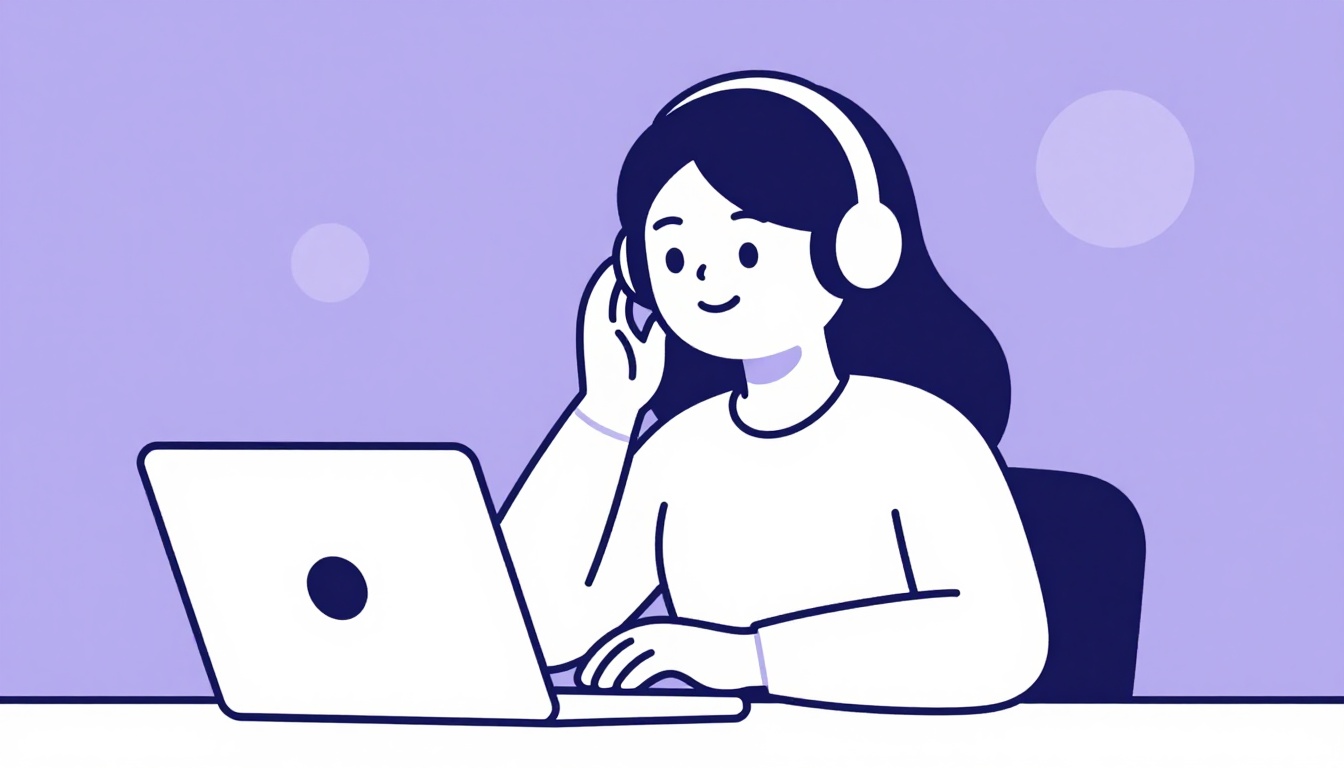 Pessoa sorridente em uma videochamada com fones de ouvido, praticando conversação em inglês em casa