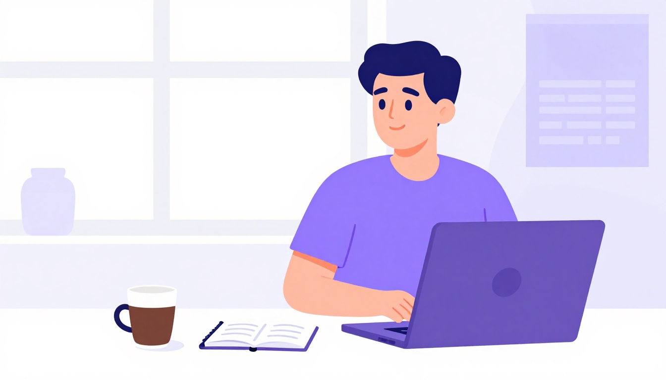 Freelancer trabalhando em um laptop numa mesa em casa, com café e caderno de anotações