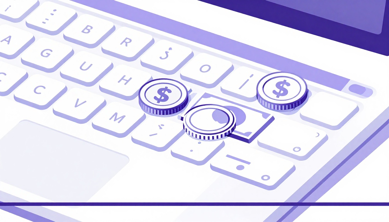 Moedas e notas de dinheiro ao lado do teclado de um laptop, representando o pagamento de um freelancer