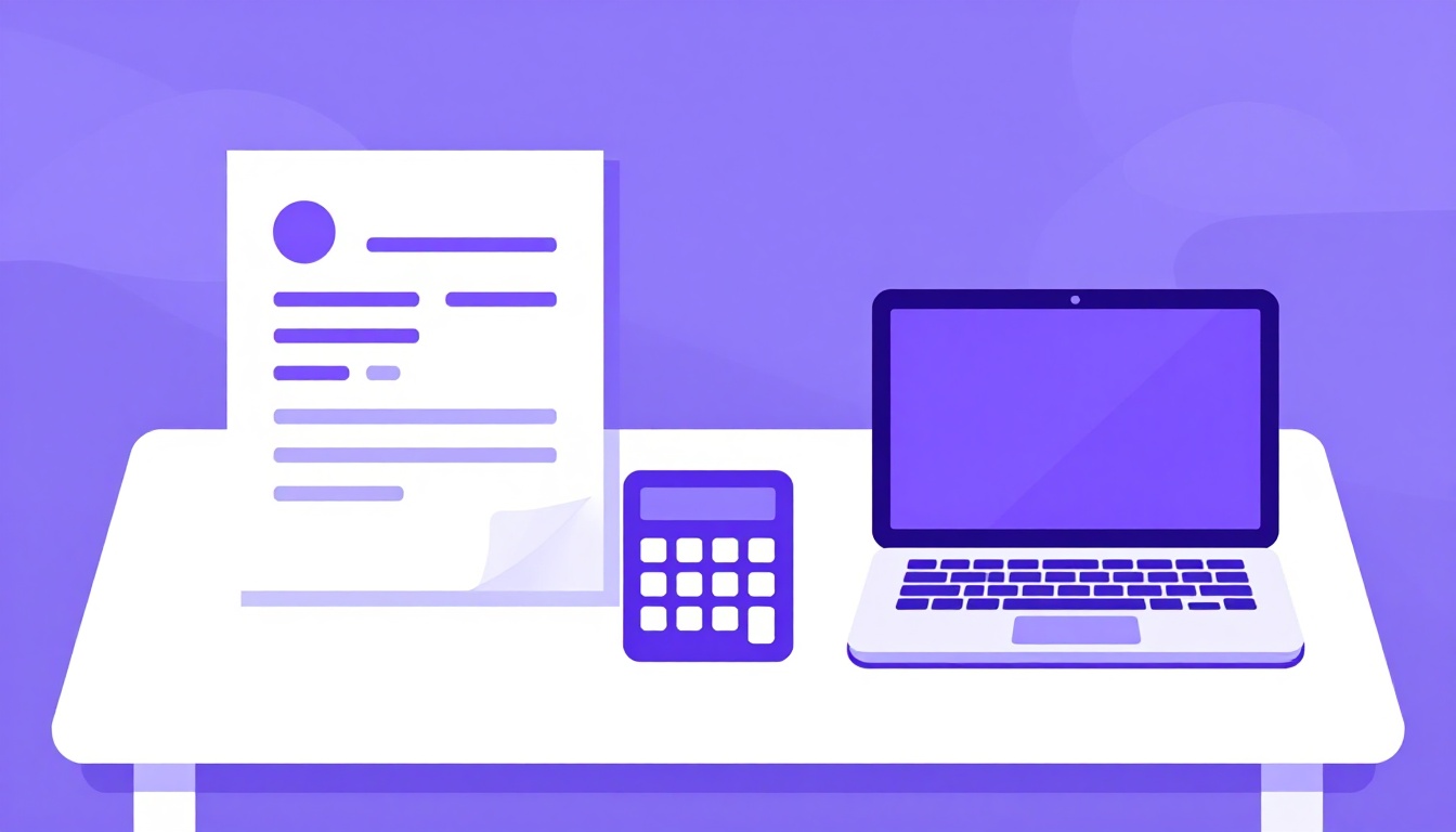 Mesa com um documento de nota fiscal, uma calculadora e um laptop, vista de cima