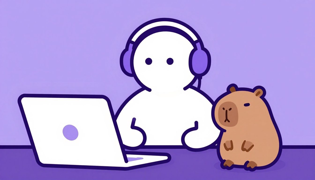 Pessoa em uma videochamada usando fones de ouvido em frente a um laptop, com um capivara ao lado do teclado