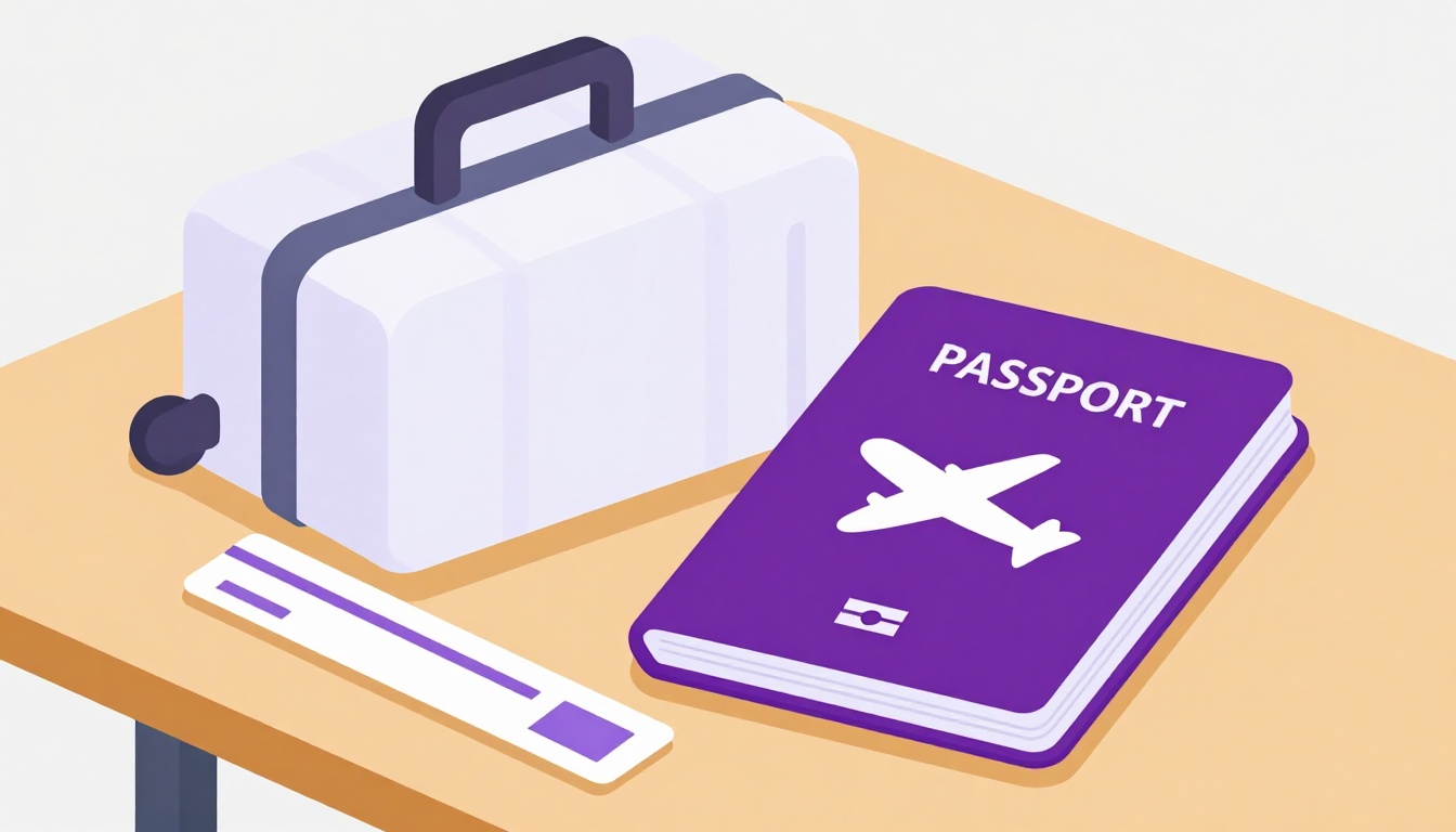 mala de viagem aberta ao lado de um passaporte e um bilhete de avião sobre uma mesa de madeira, representando o significado de intercâmbio