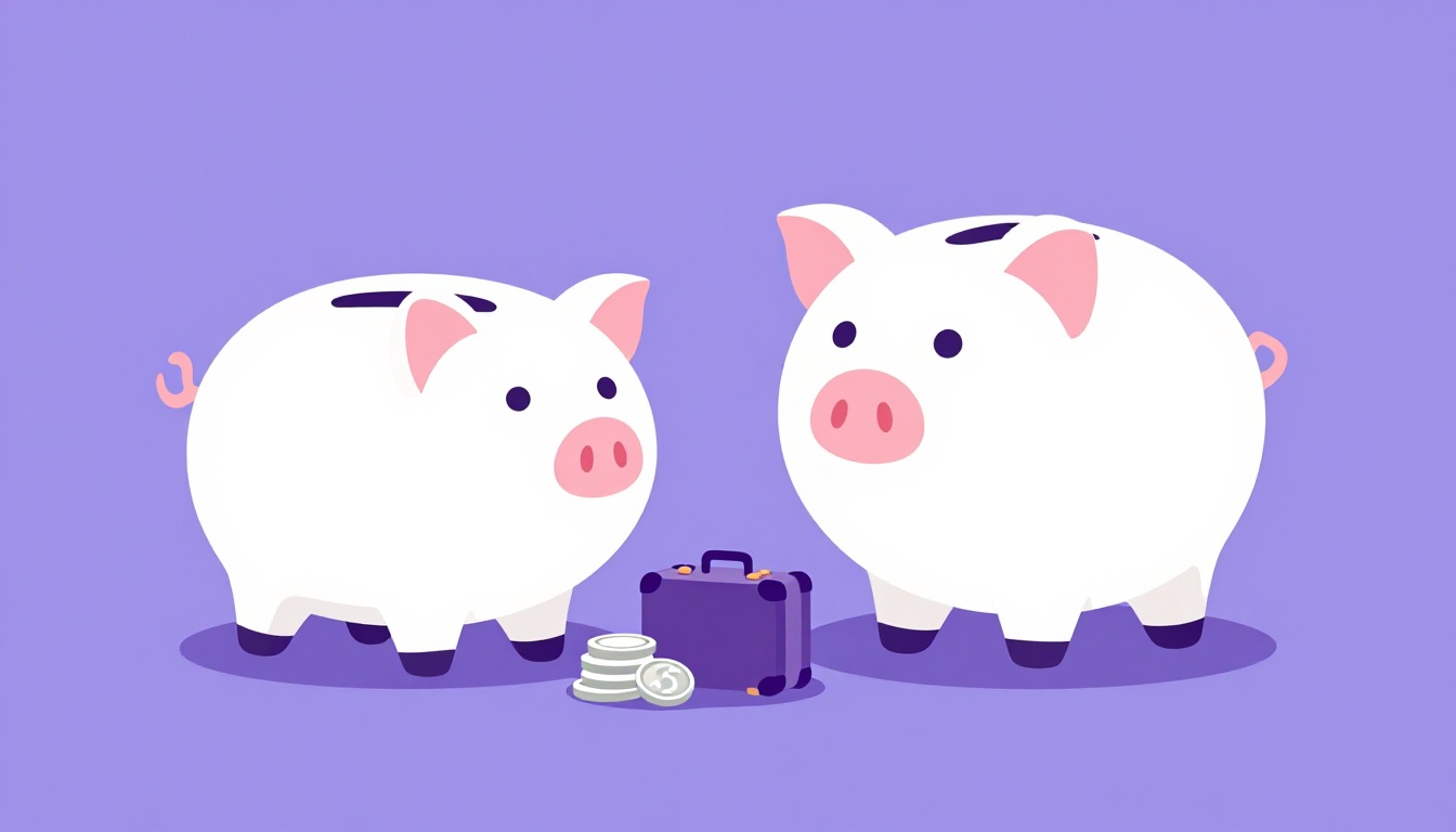 cofrinho em formato de porquinho ao lado de moedas e uma pequena maleta de viagem em miniatura sobre uma mesa, representando o planejamento financeiro de um intercâmbio