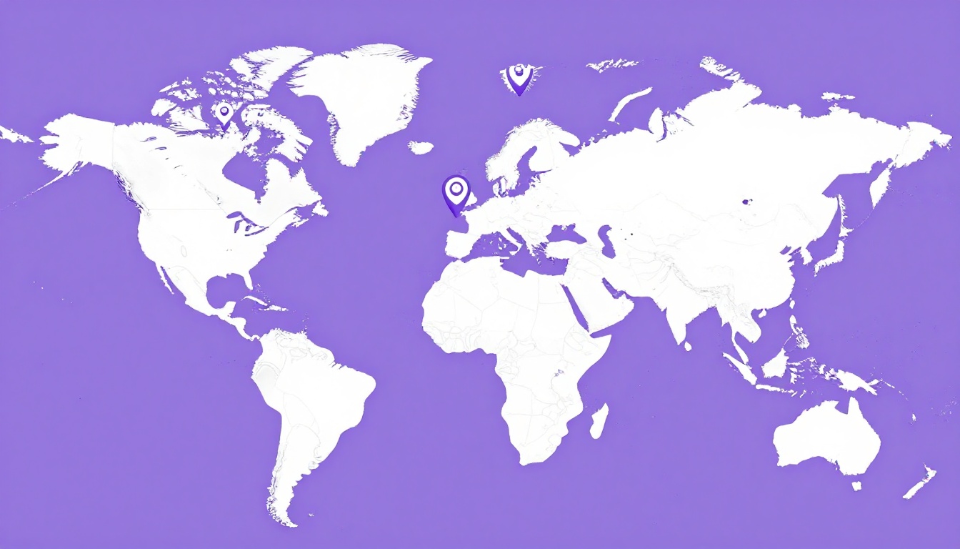mapa múndi ilustrado com marcadores de localização destacando Estados Unidos, Canadá, Irlanda e a Europa, representando os principais destinos de intercâmbio para brasileiros
