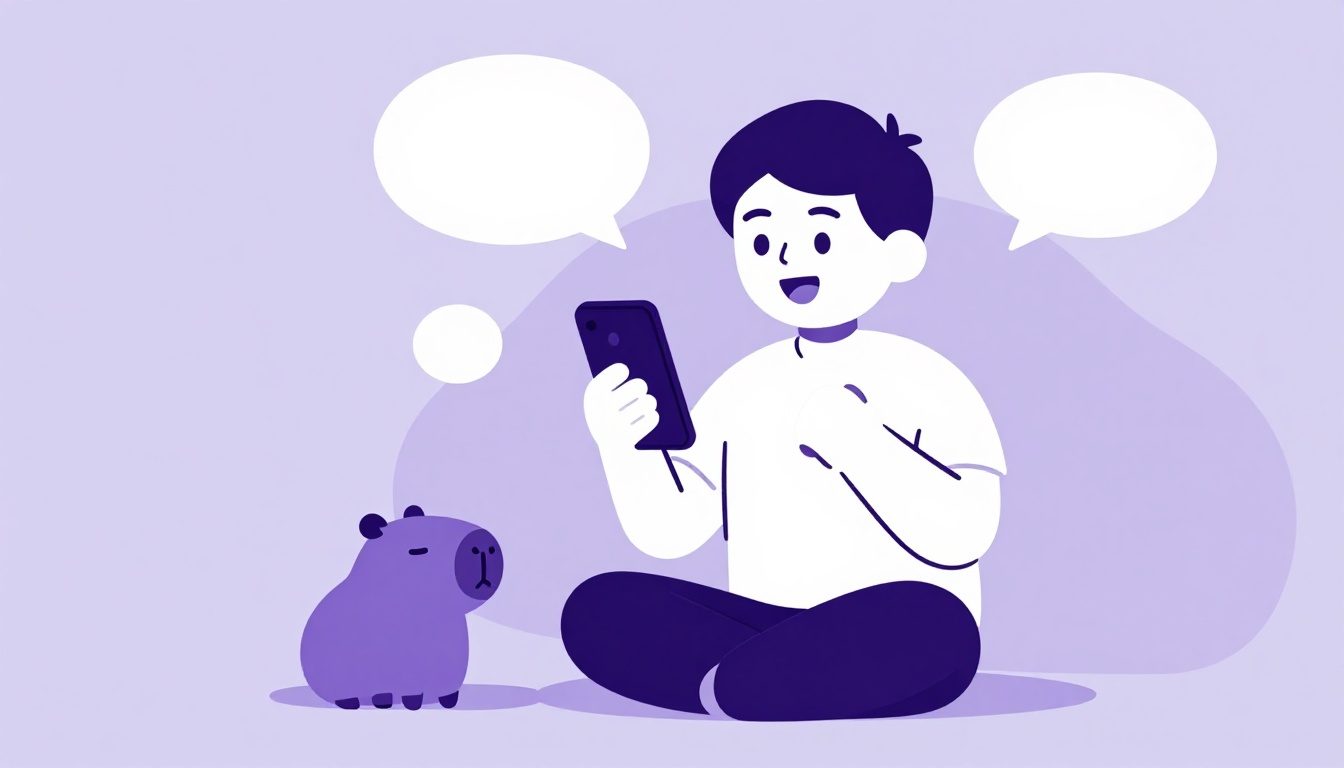 pessoa sorrindo enquanto fala em voz alta para o celular durante uma prática de idioma, com uma pequena capivara ilustrada na tela representando uma companhia de estudos