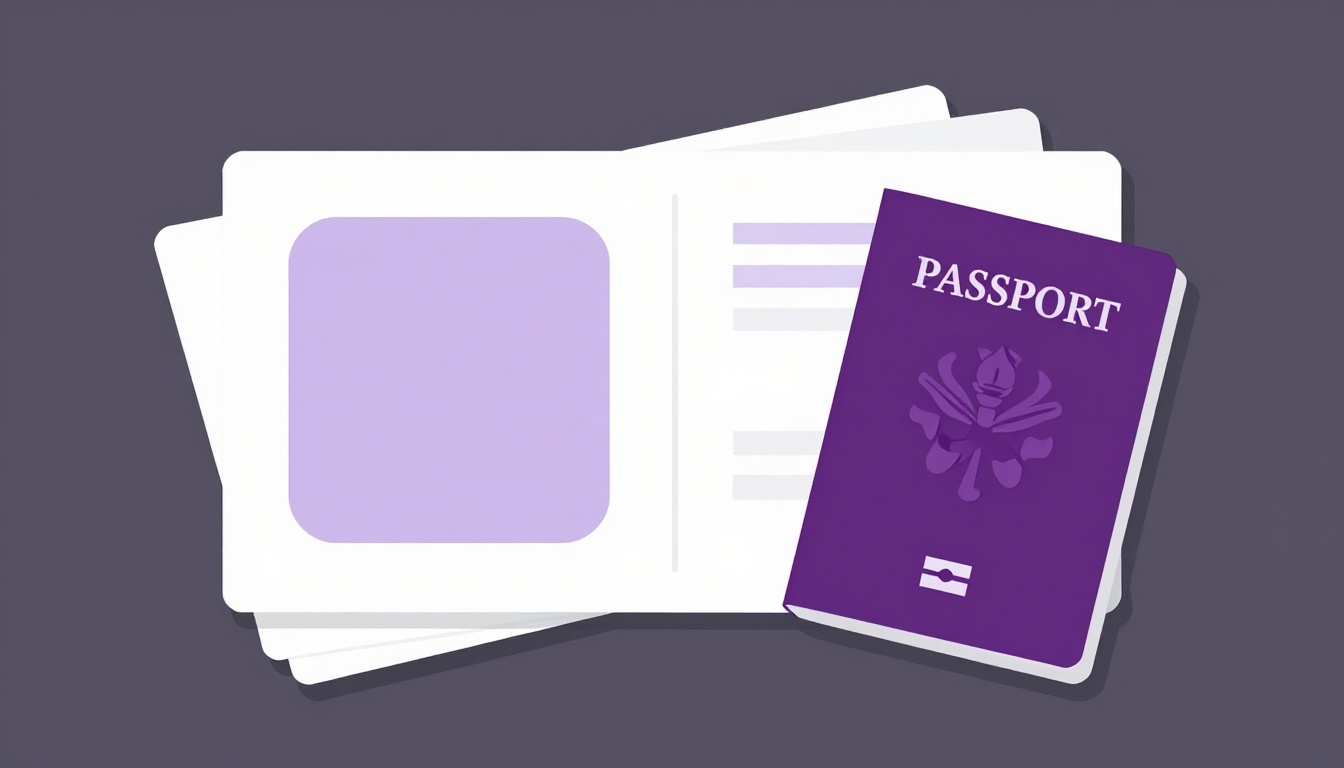 Foto impressa 5x5cm, passaporte e pasta de documentos organizados para a entrevista