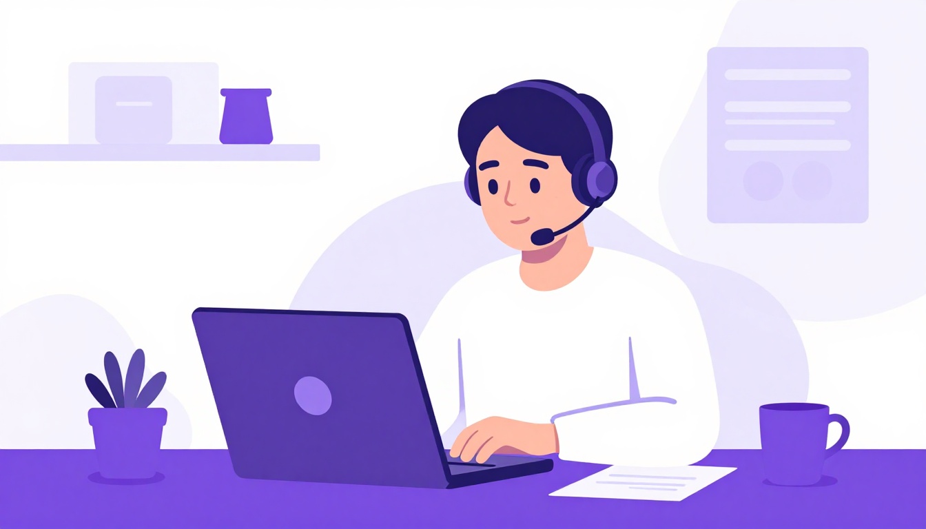pessoa em uma videochamada de trabalho em um notebook, ambiente calmo de escritório em casa, expressão concentrada