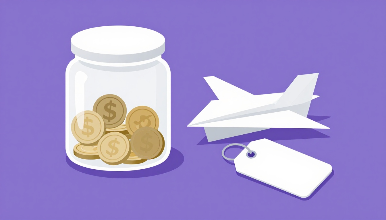 Potinho de economias com moedas ao lado de um avião de papel e uma etiqueta de bagagem, representando o planejamento antecipado da viagem