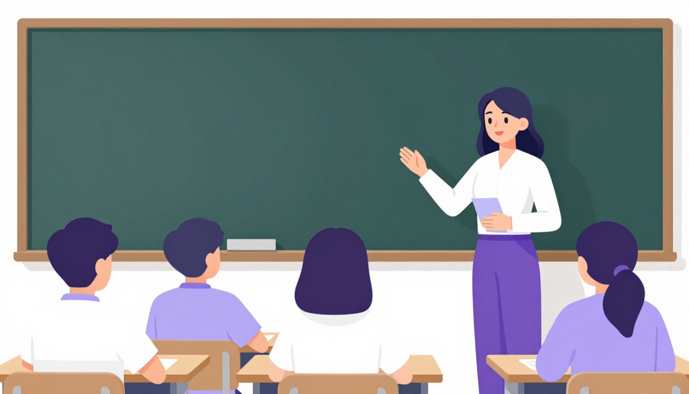 Sala de aula de curso de idiomas com alunos internacionais e professor em frente ao quadro