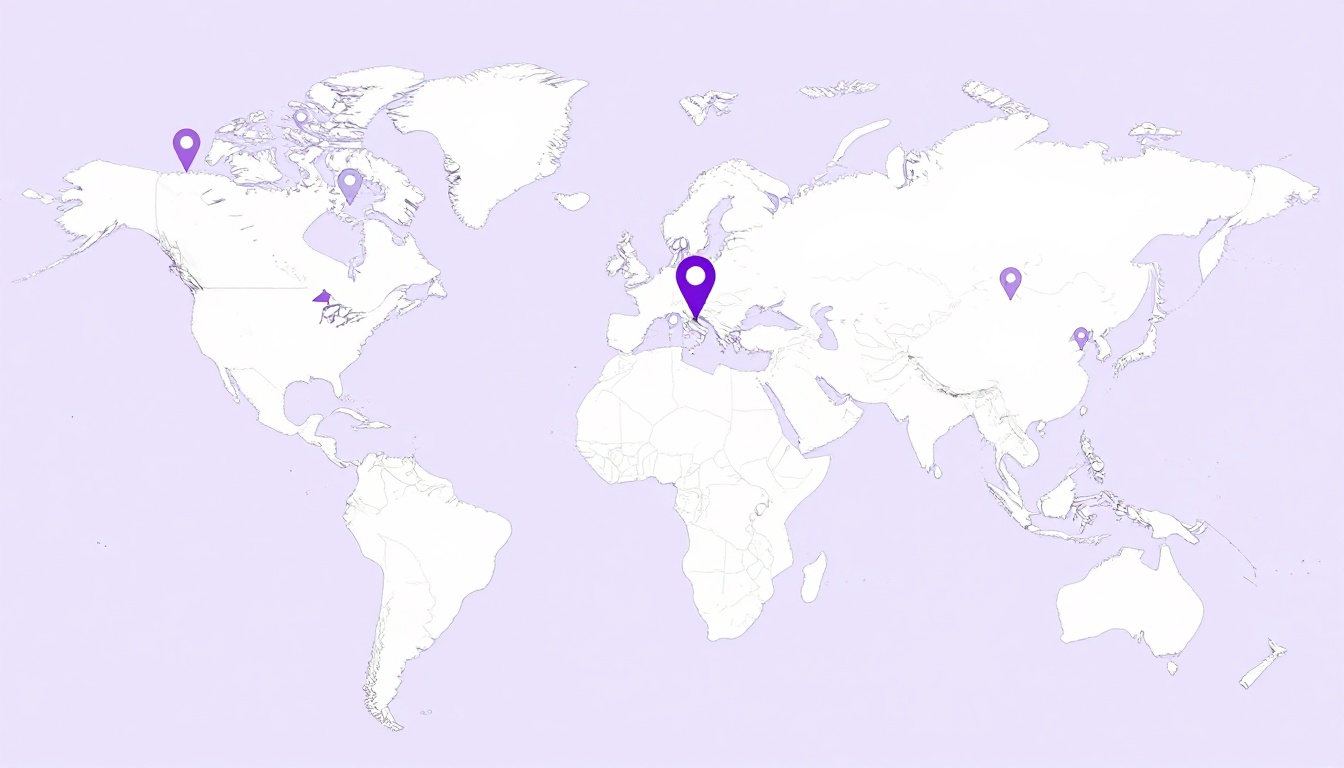 Mapa mundo estilizado com marcadores de destino em diferentes países e continentes