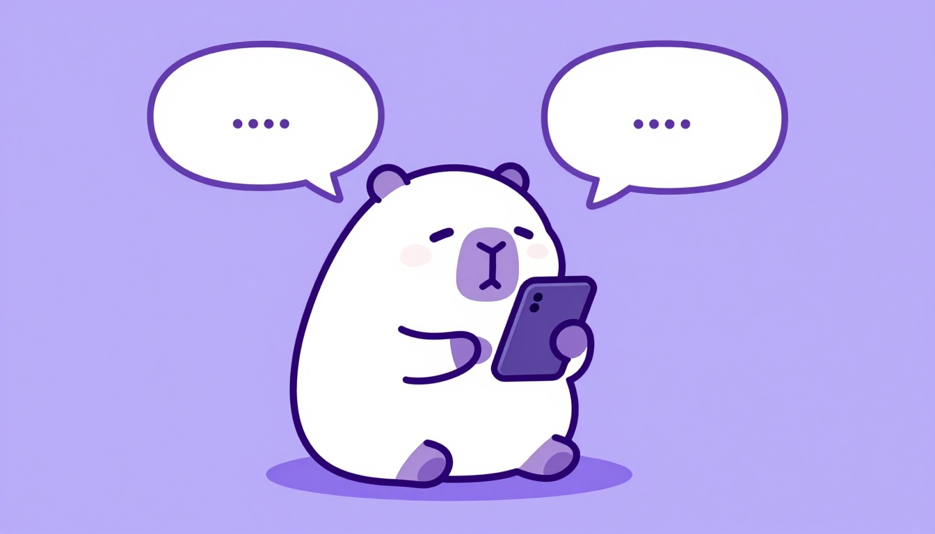 Capivara sentada segurando um celular, praticando conversação em inglês em vídeo chamada
