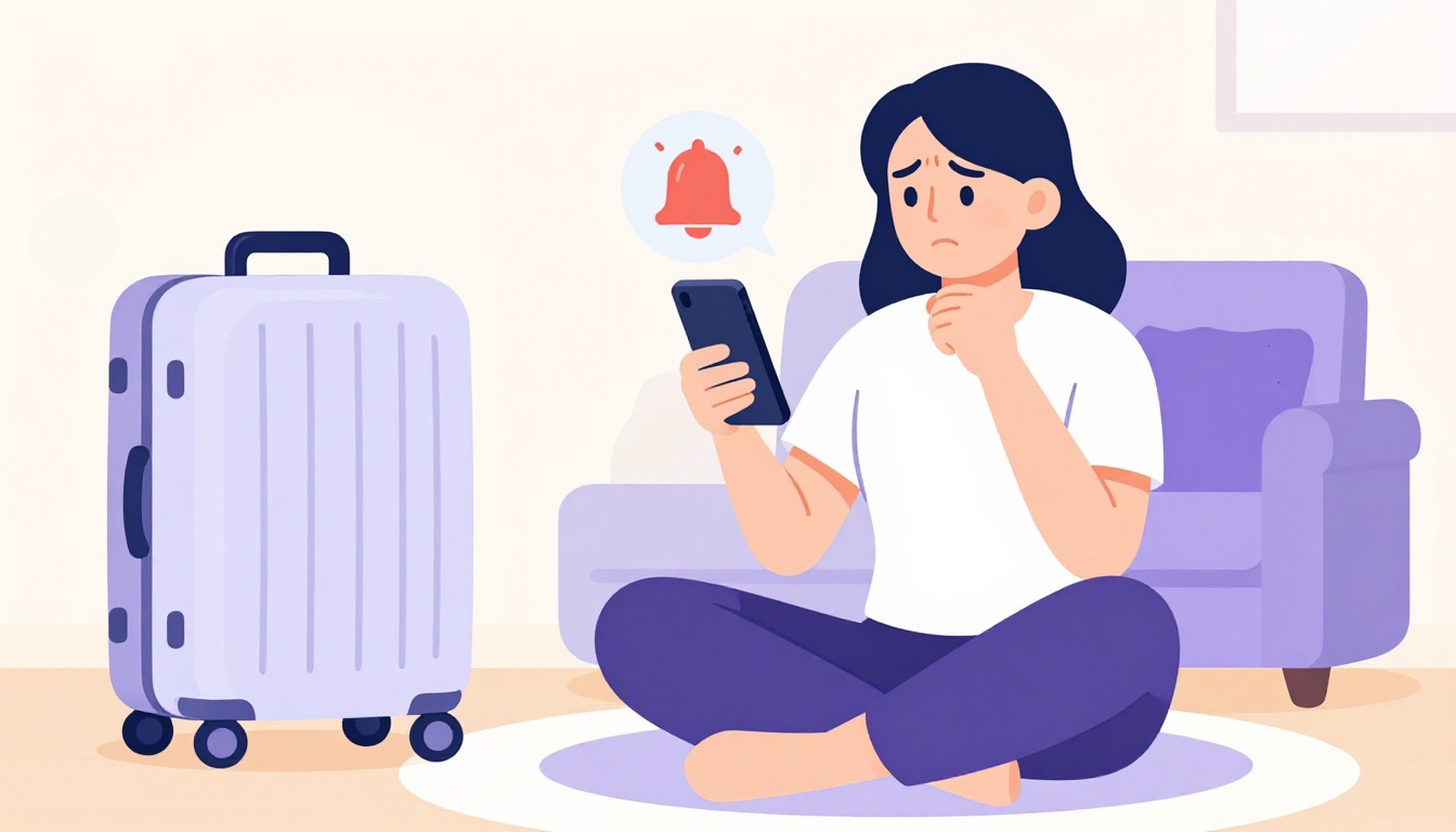 Uma pessoa sentada em casa olhando o celular com uma notificação inesperada, mala de viagem pronta ao lado