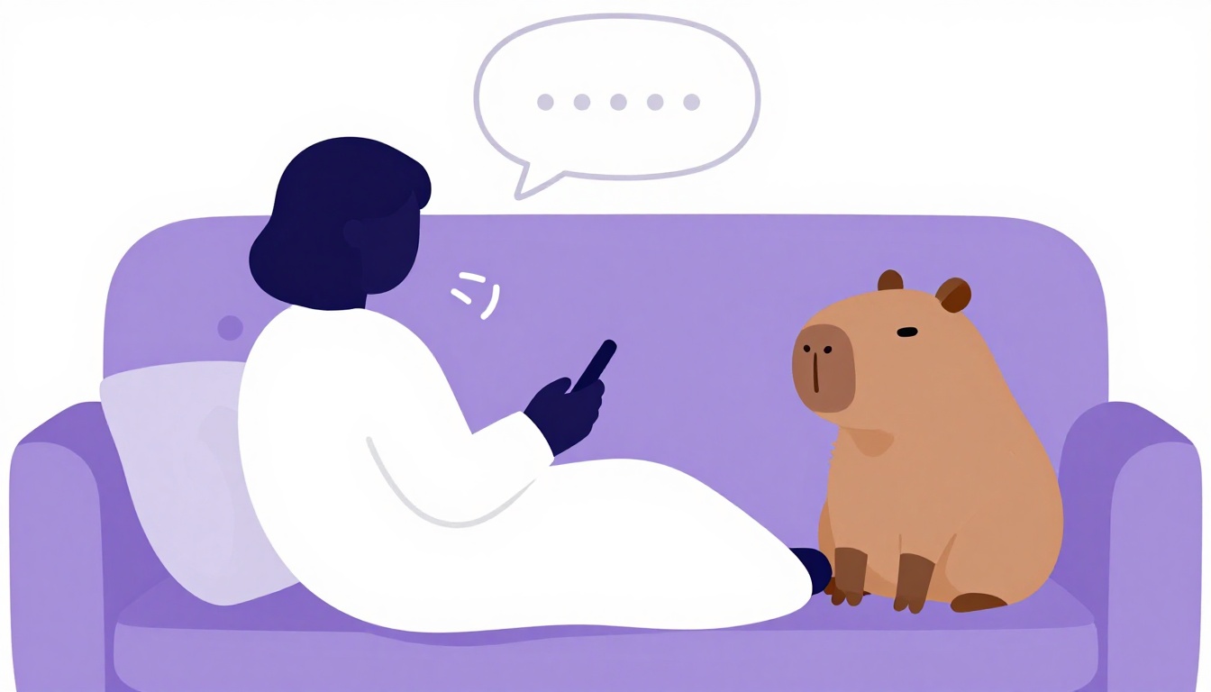 Pessoa treinando inglês falado ao telefone em casa, com o Capy do Comigo ao lado no sofá